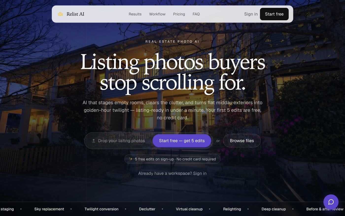 The Relist AI home page: a serif headline reading Listing photos buyers stop scrolling for, over a twilight photograph of a house, with a drop area for listing photos.